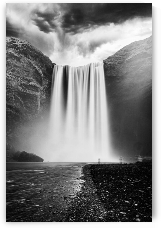 Lone tourist admiring majestic waterfall cascading from mountain by Gualtiero Boffi