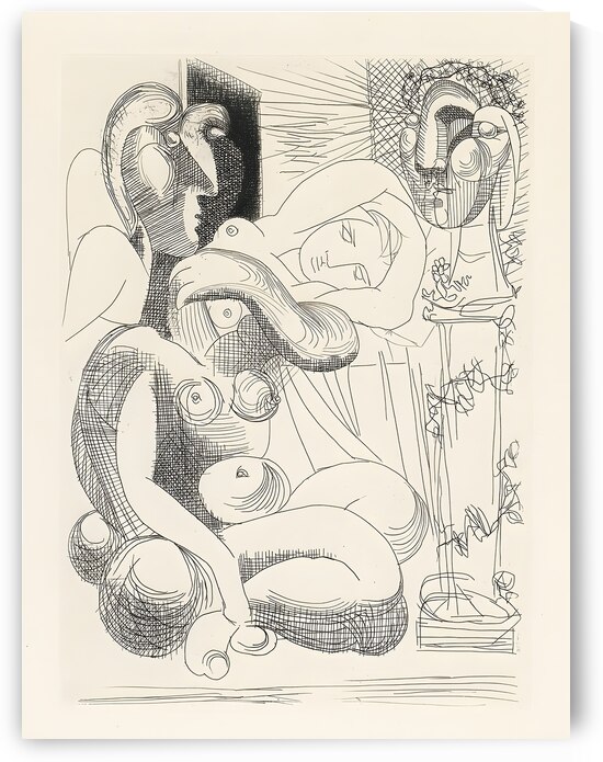 Cubist engraving: an enigmatic scene with three figures and a sculpted mask by FREDO2025