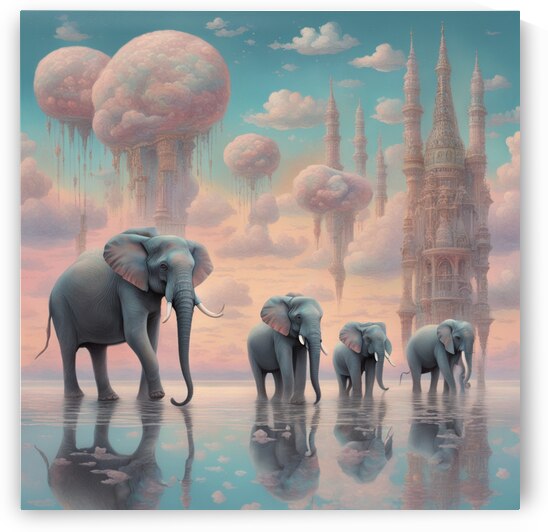 A surreal dreamscape featuring elephants with impossibly long thin legs walking gracefully through a cloudy pastel-colored sky. The elephants carry glowing ornate towers on their backs and faint trails of sparkling stardust follow them. Below a calm ocean by AIGALLERY