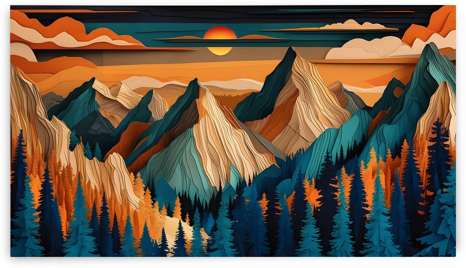 Layered Paper-Cut Mountain Landscape: A Sunset Symphony of Nature by WallArtShow