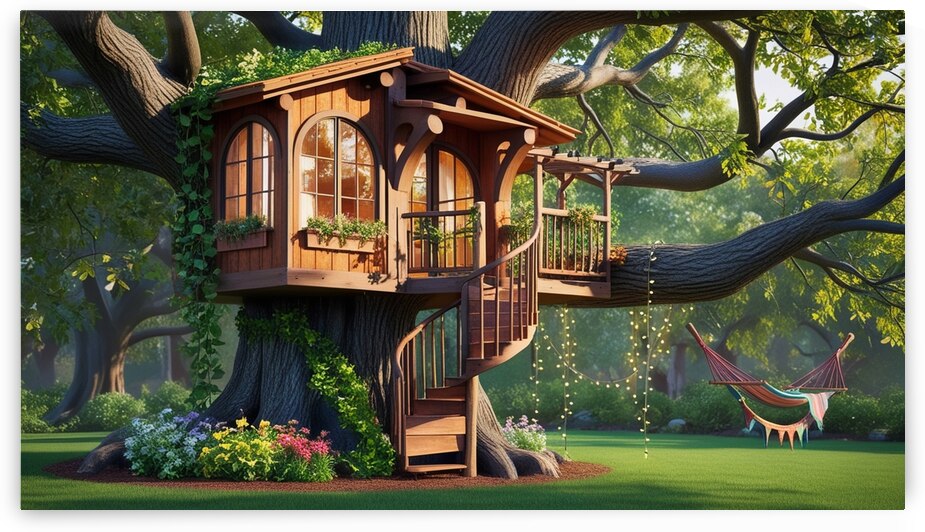 Imagine a whimsical treehouse nestled high among the branches of a majestic oak tree. 1 by Amine Karaouzene