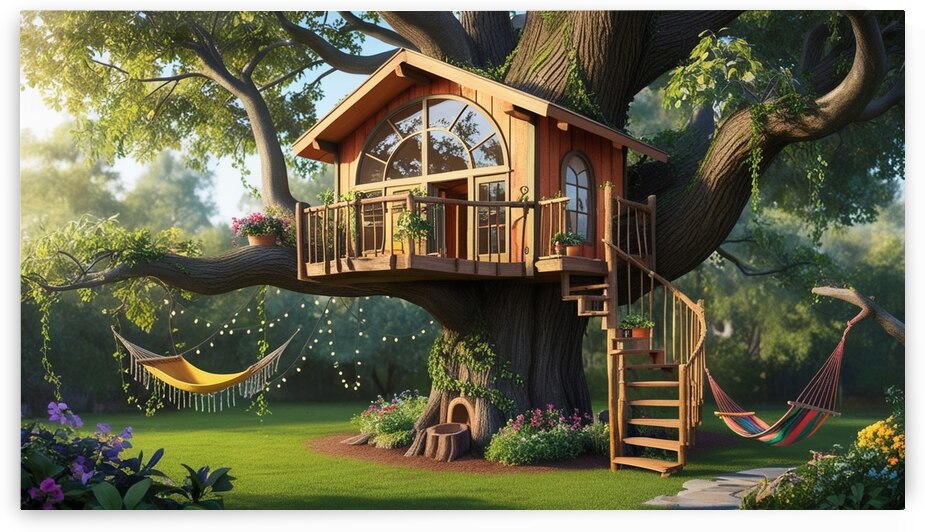 Imagine a whimsical treehouse nestled high among the branches of a majestic oak tree. 1 by Amine Karaouzene