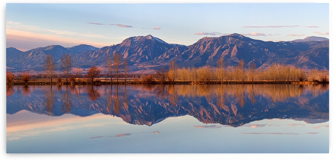 Flatirons Sunrise Reflections Panorama Boulder Colorado by Bo Insogna