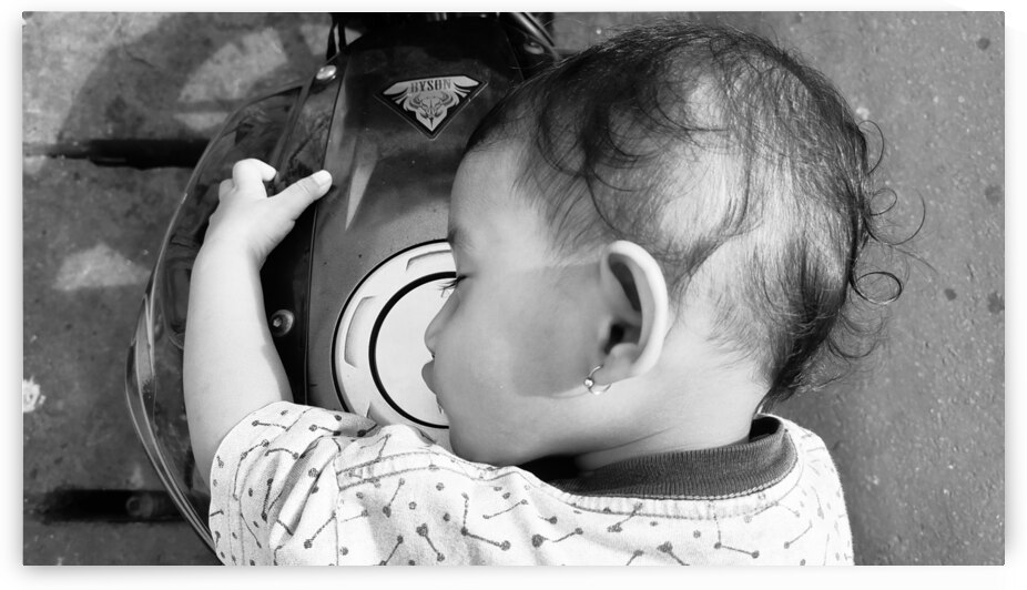 Sleeping Baby Holding Motorcycle Fuel Tank Cap Anywhere Everywhere by urbancamshot