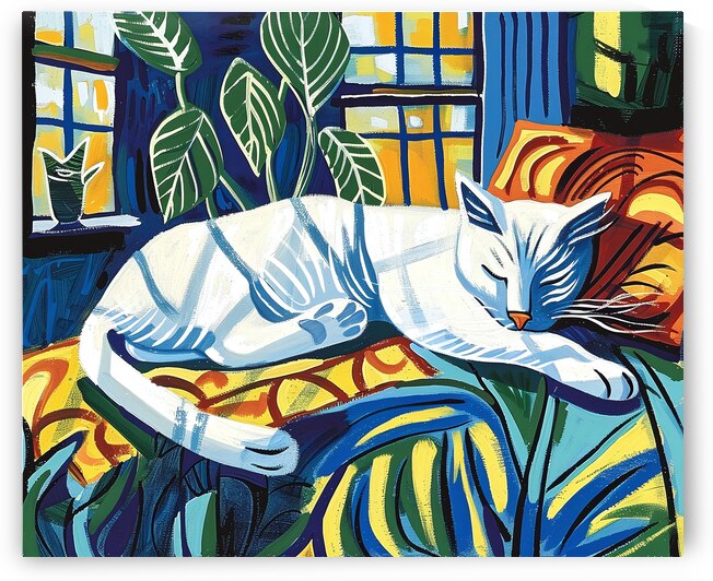 White cat sleeping in the sunlight Matisse Wall art prints on demand by Fabd