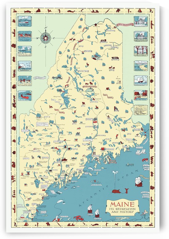 Mid-Century Pictorial Map of Maine Showcasing Coastal Towns Lighthouses Lobster Boats and Forests with Cartoony Art and Informative Labels Designed to Promote Tourism and Celebrate Local Culture by History In Your Home