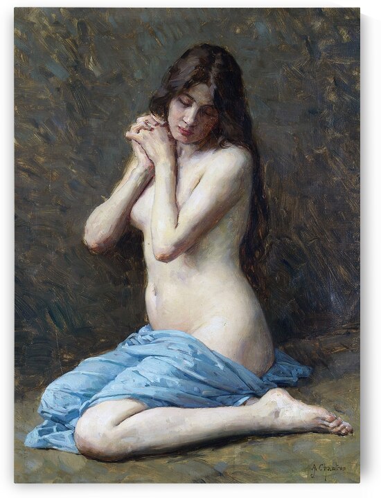 Seated Woman With Blue Drape Vintage Oil Painting by One Simple Gallery