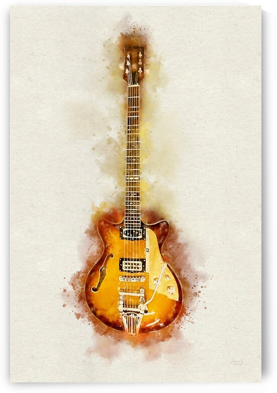 Gold Sunburst Semi-Hollow Blues Guitar in Watercolor Splashes by Andreea Eva Herczegh