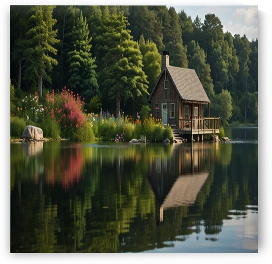 A small cabin by a serene lake framed by trees and flowers with a dock in the foreground captured in a tilt-shift style. by moustafa elsayed