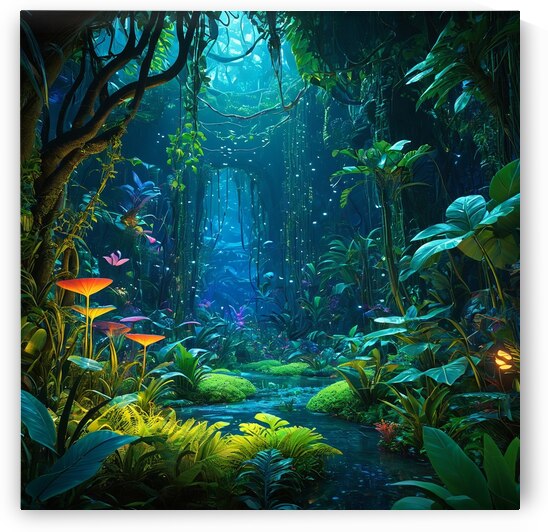 a pathway through a jungle with lots of plants and flowers on it leading to a waterfall in the middle of the jungle fantasy art  a matte painting by moustafa elsayed