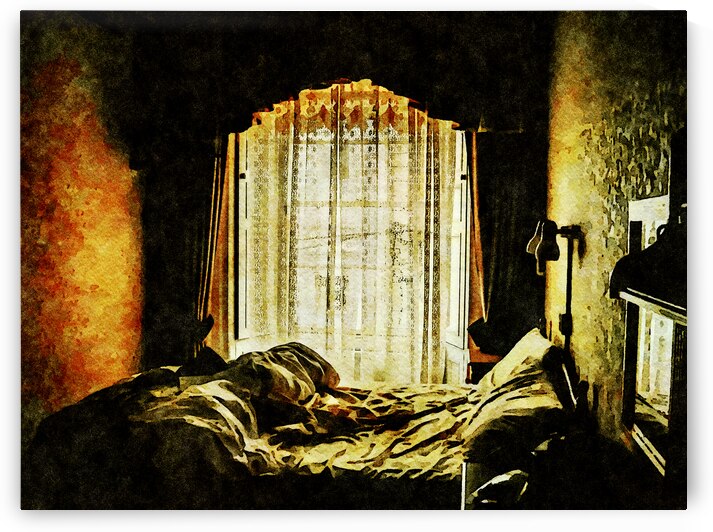 Cozy bedroom with sunlight filtering through lace curtains by Gestalt Imagery