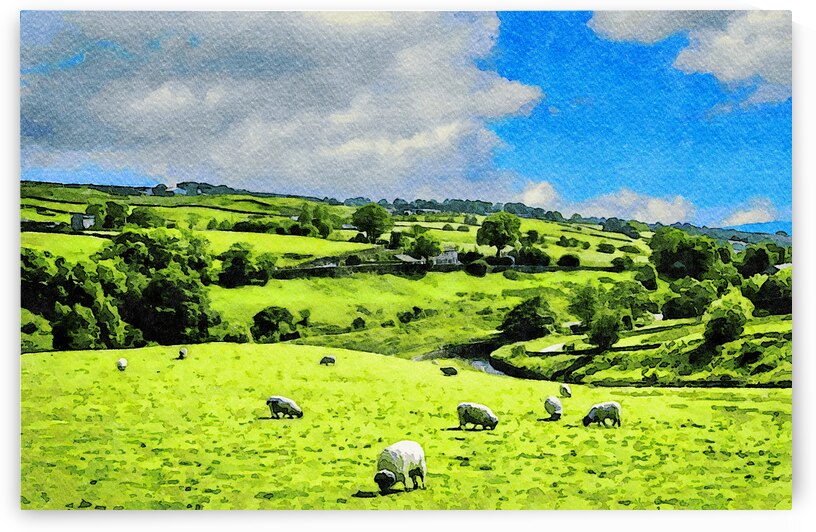 Idyllic watercolor depiction of Lake District countryside with grazing sheep by Gestalt Imagery