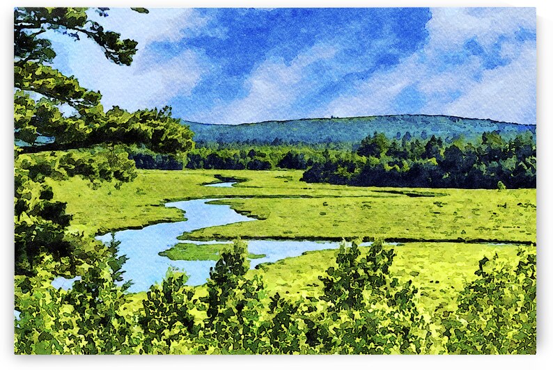 Watercolor landscape of the Union River in Hancock County Maine by Gestalt Imagery