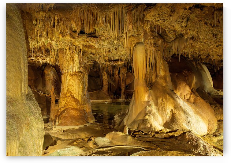 Geologic formations of stalactites and stalagmites in Texas cave by Steve Heap