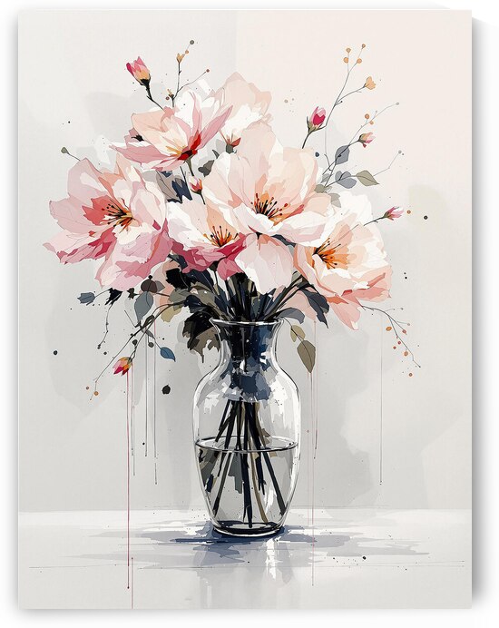 Delicate Watercolor Painting of Pink Flowers in a Vase by REALLY