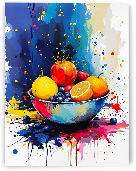 Vibrant Fruit Bowl Still Life with Expressive Splashes by REALLY