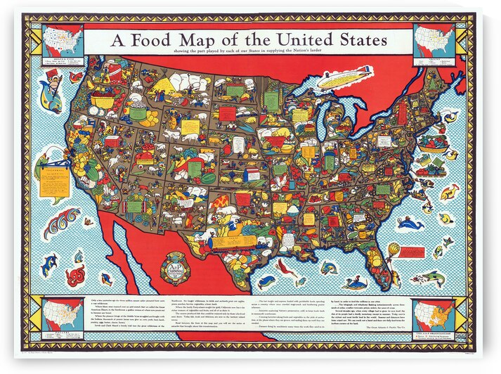 1932 Pictorial Food Map of the United States Depicting Regional Cuisines Agricultural Products and Culinary Traditions Across States During the Early 20th Century by History In Your Home