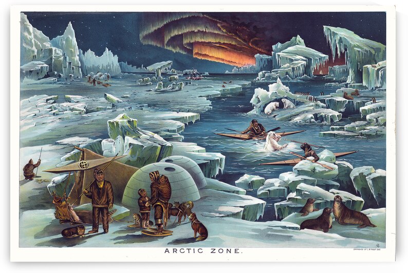 1893 Educational Geographical Chart of the Arctic Zone Showing Glaciers Currents and Polar Regions During the Height of Exploration in the Far North by History In Your Home