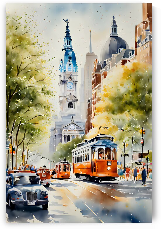 Watercolor style painting of Busy Philadelphia Street-UN8 by topgallery