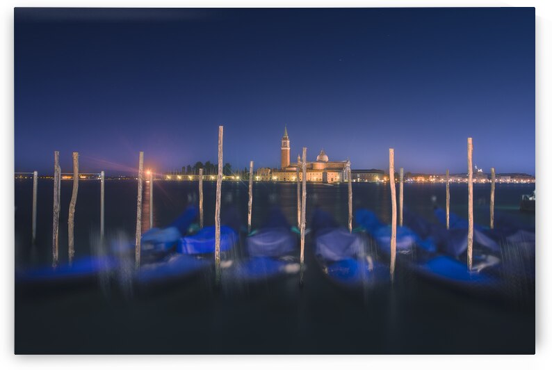 Blue hour over gondolas and San Giorgio Maggiore church. Venice by Stefano Orazzini