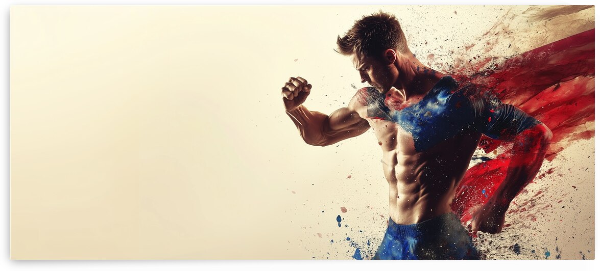 Dynamic superhero figure showcasing strength and power with colorful splashes in a striking action pose by Ali Jaber