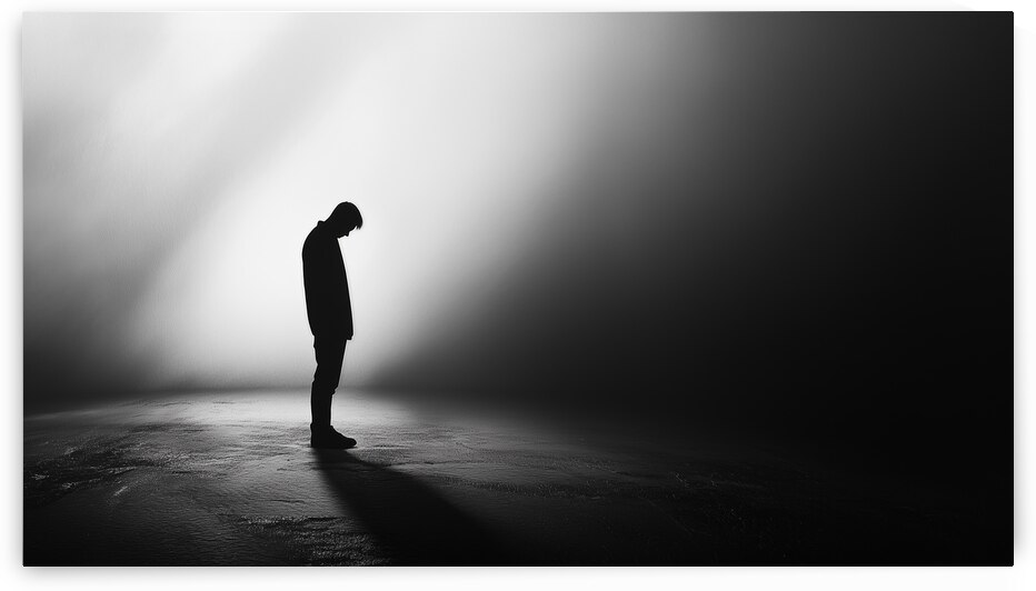 Silhouette of a person standing in solitude against a dark backdrop with dramatic lighting effects by Ali Jaber