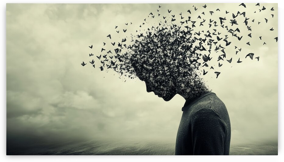 Human silhouette dissolving into a swarm of birds against a cloudy sky backdrop by Ali Jaber