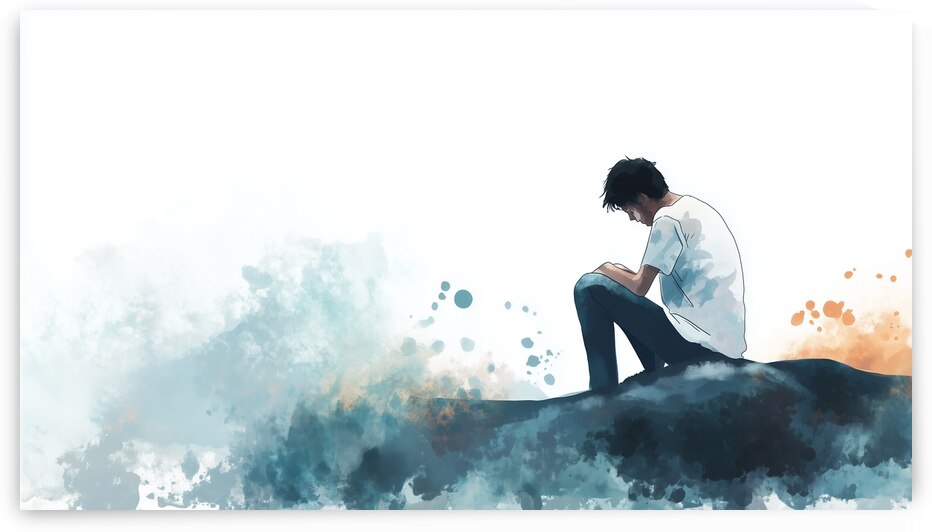 Young man seated thoughtfully by ocean waves reflecting on life during serene sunset hour by Ali Jaber