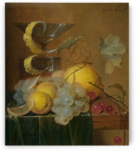 Still Life With A Wine Glass. Lemon Peel. Peaches. Grapes And Cherries On The Corner Of A Partly Draped Wooden Table by Jan Davidsz de Heem [1606–1684] by MyCozyFineArt