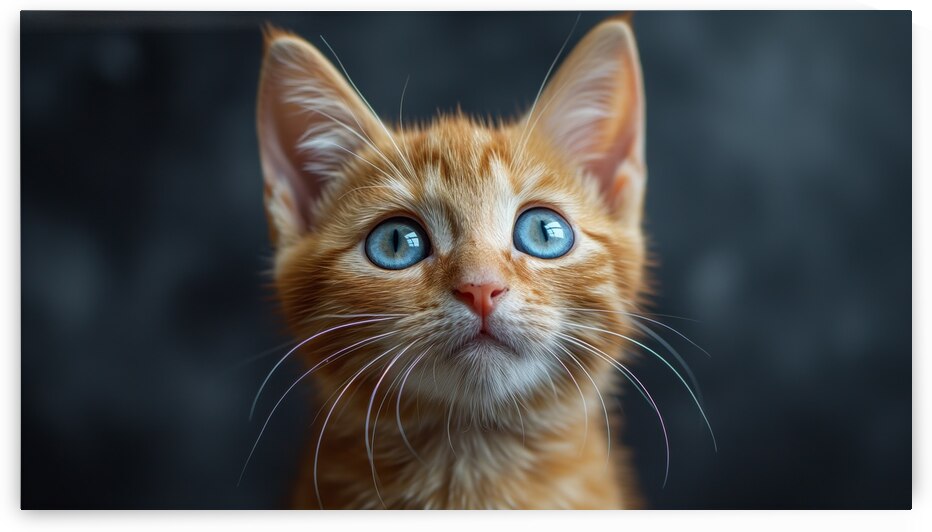 A small orange cute kitten with blue shiny eyes Facing forward sharp and focused expression cinematic photography by Ali Jaber