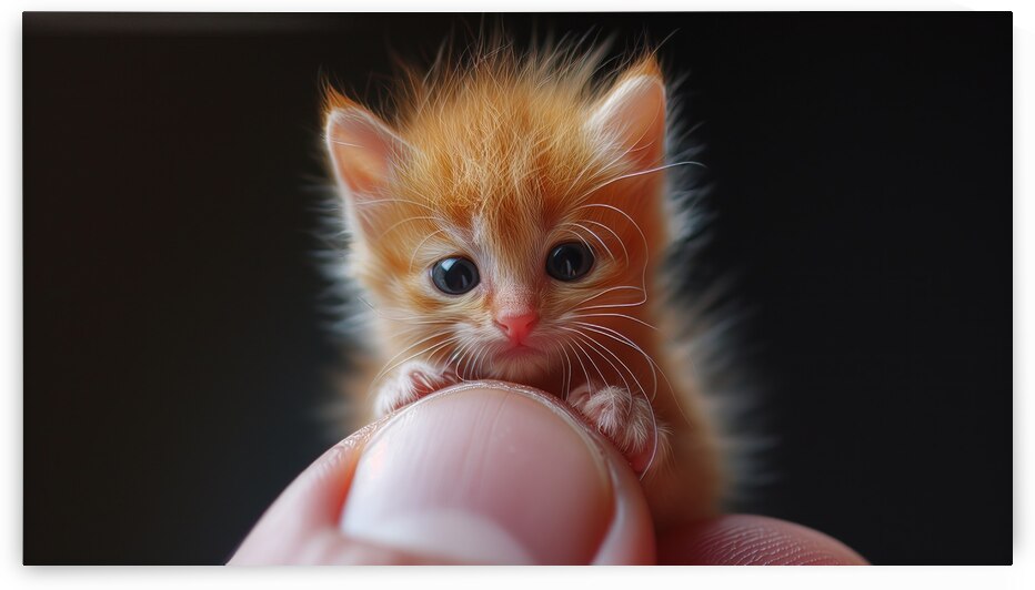 A tiny kitten sitting on a mans finger close up portrait seamless background by Ali Jaber