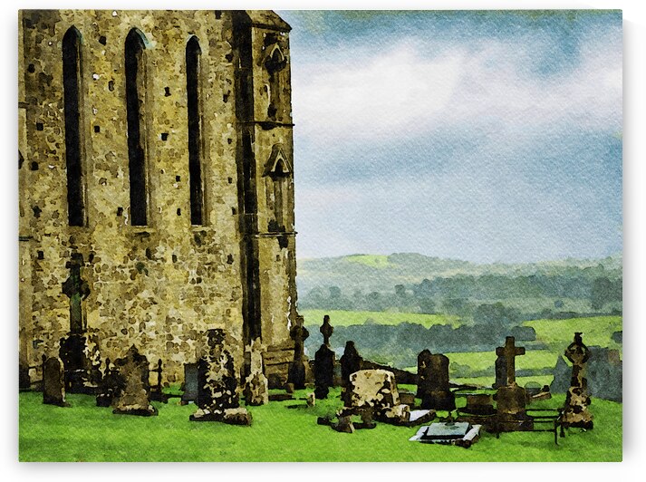Watercolor painting of Rock of Cashel with historic cemetery in Ireland by Gestalt Imagery