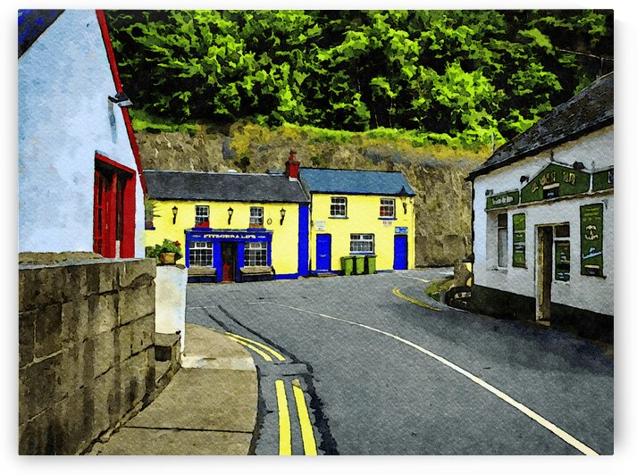 Charming watercolor street scene of Avoca Ireland with colorful buildings by Gestalt Imagery