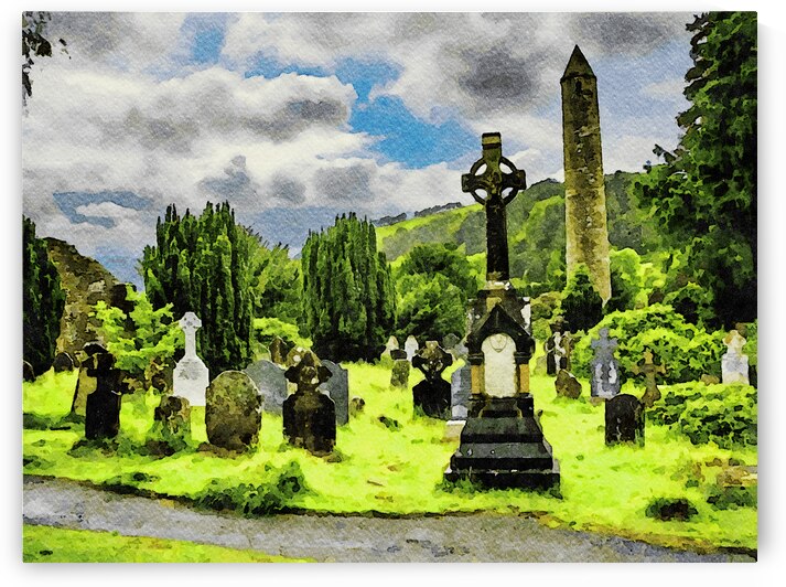 Scenic watercolor of an ancient cemetery with Celtic cross by Gestalt Imagery