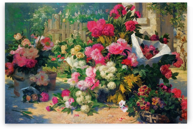Flower Baskets And Flower Pots In A Garden [1887] by Alfred Petit [–1895] by MyCozyFineArt