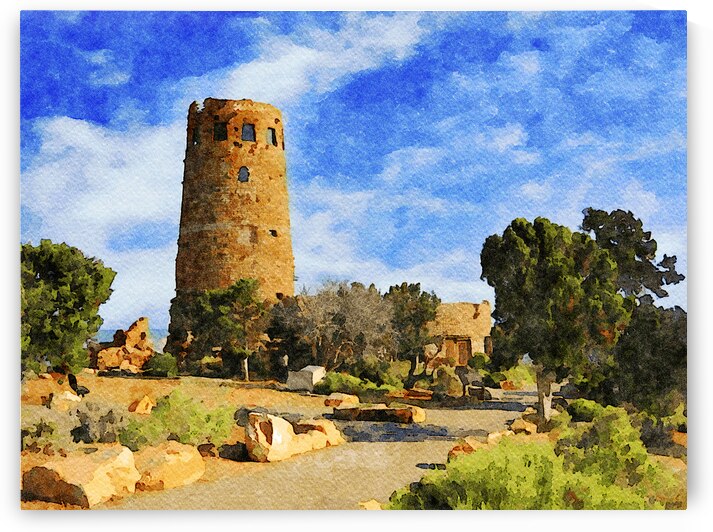 Watercolor painting of Desert View Watchtower at Grand Canyon Arizona by Gestalt Imagery