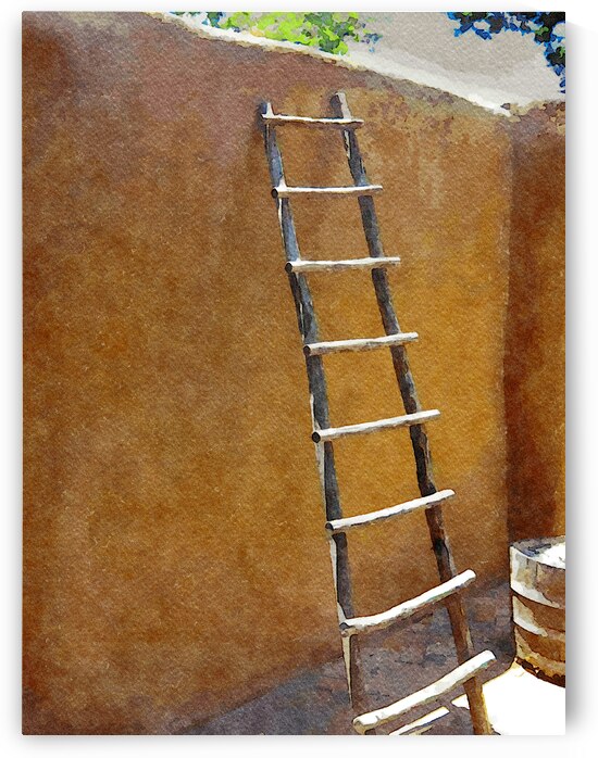Rustic wooden ladder leaned against adobe wall in Taos New Mexico painting by Gestalt Imagery