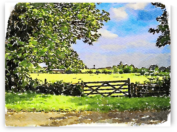 Serene watercolor landscape of the Cotswolds countryside in England by Gestalt Imagery