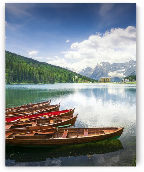 Boats on the Lake Misurina and Dolomites mountains by Stefano Orazzini