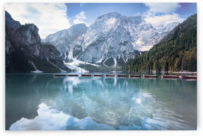 Boats in Lake Braies and Dolomites mountains by Stefano Orazzini