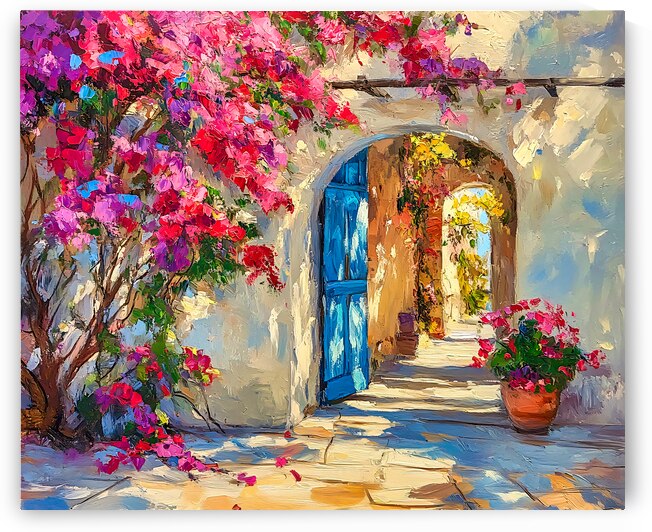 Courtyard with Blue Door and Pink Roses by Travelling Light