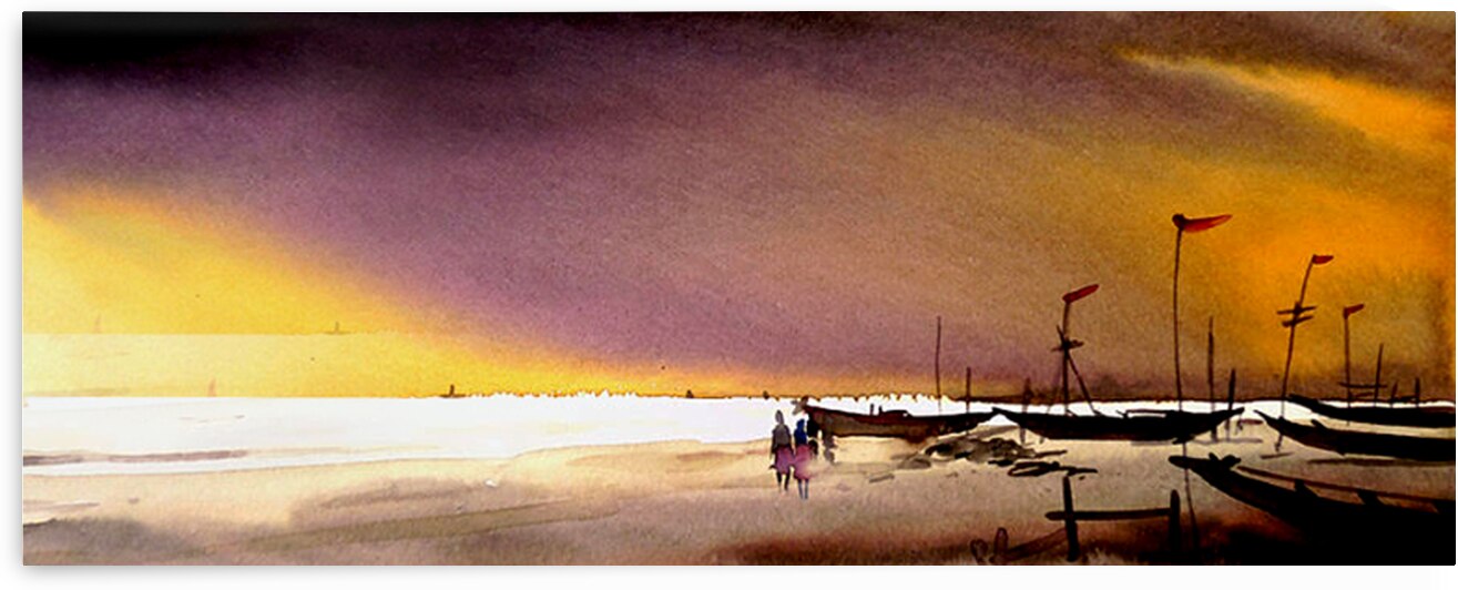 Cloudy Stormy Seashore  Watercolor Painting by Samiran Sarkar