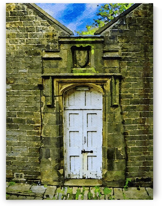 Charming watercolor of historic door in Chester England with rustic bricks by Gestalt Imagery