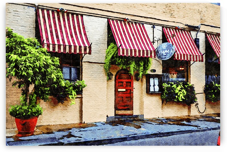 Charming watercolor of a French Quarter cafe in New Orleans by Gestalt Imagery