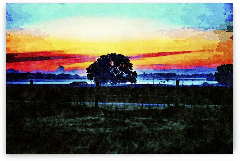 Vibrant sunset landscape with tree in watercolor style by Gestalt Imagery