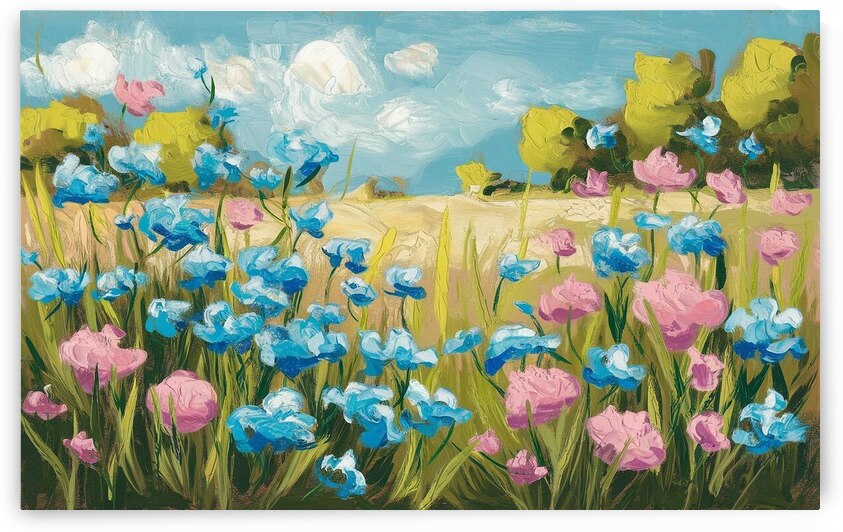 A painting of a country meadow with pretty blue and pink flowers by Wall   Art
