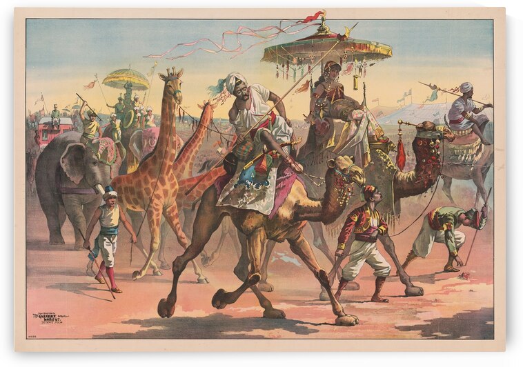 Circus troupe with people in exotic dress riding camels. Giraffes. Elephants [1890] by Calvert Litho. Co [1863–] by MyCozyFineArt