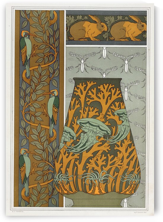 Piverts et arbre. Bordure verticale. Lapins et feuilles. Bordure. Méduses. Anémones de mer et algues. Vase. Insectes. Jeu de fond. [1897] by Maurice Pillard Verneuil [1869–1942] by MyCozyFineArt