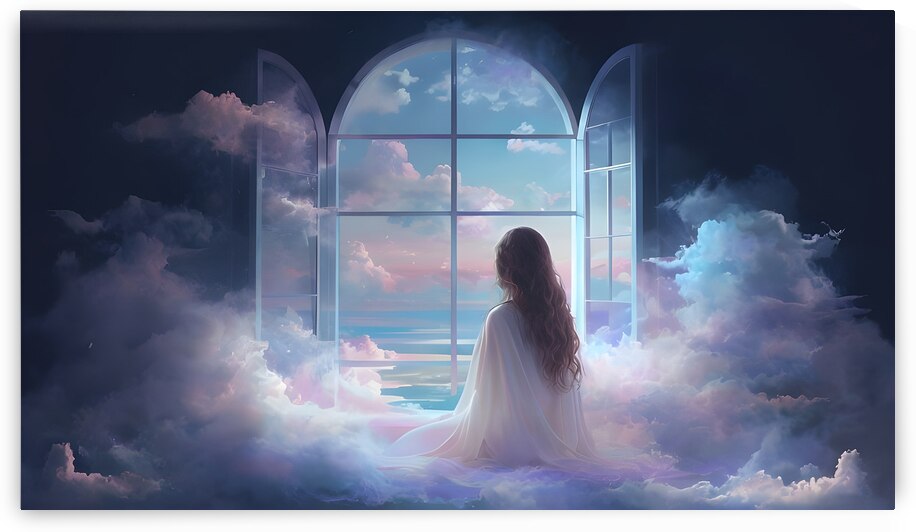 Celestial Dreams – Ethereal Girl Gazing Through a Window of Clouds  by Avenue Arts