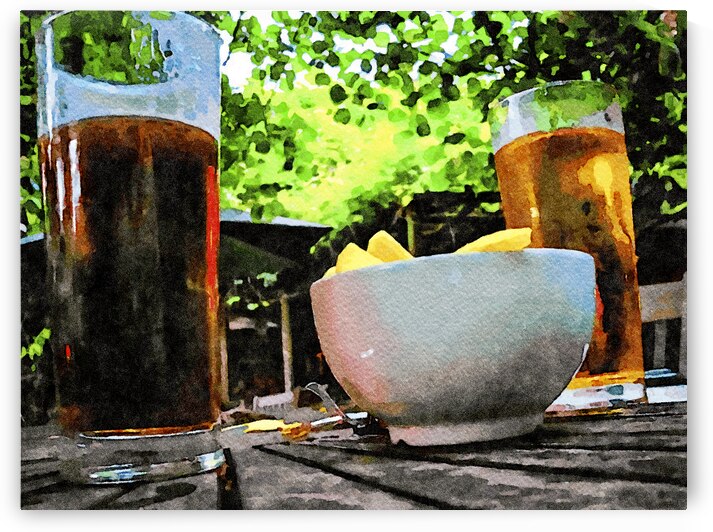 Two glasses of beer and snacks on a wooden table outside by Gestalt Imagery